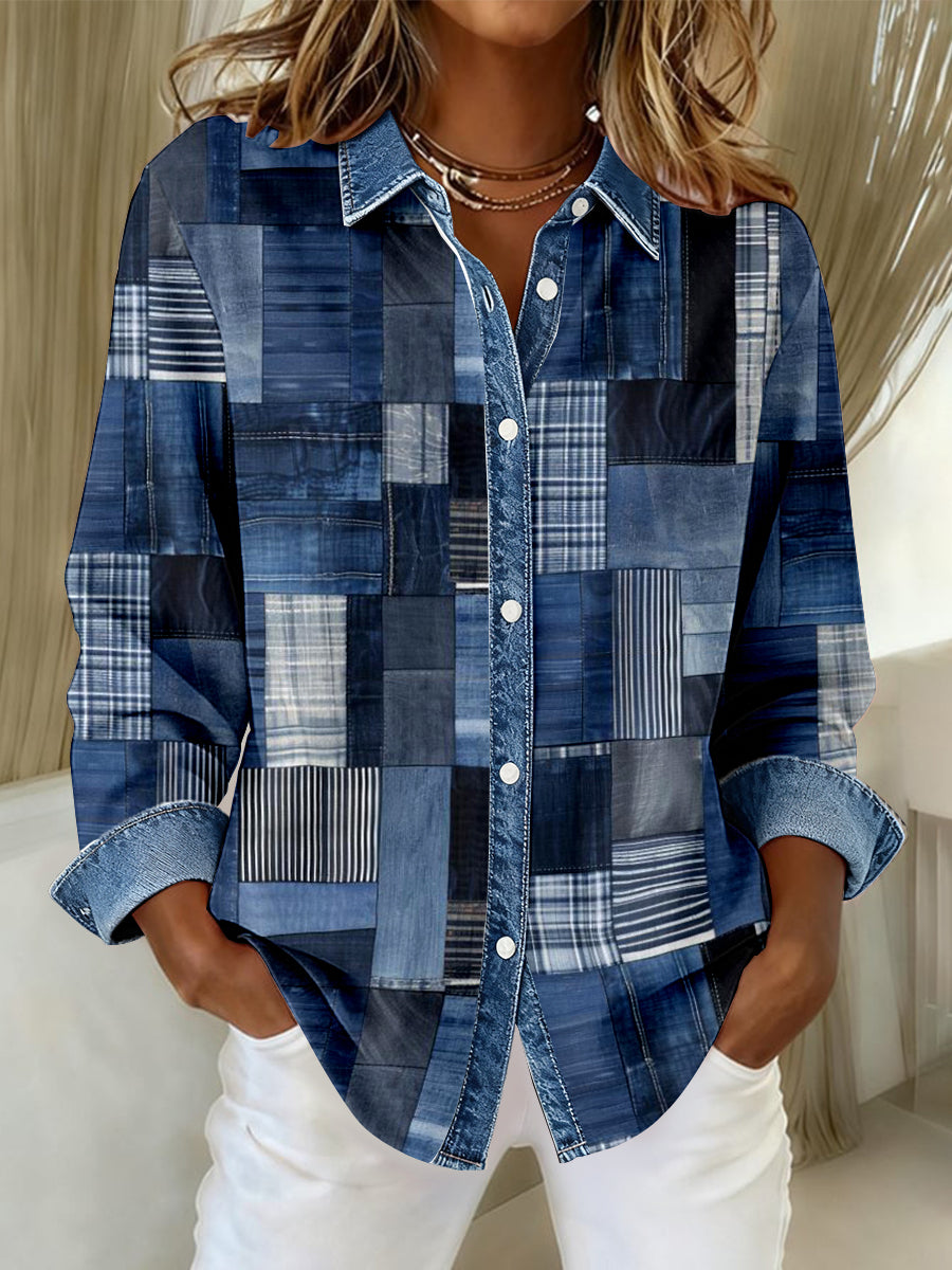 Damen Vintage Patchwork Kunst Shirt