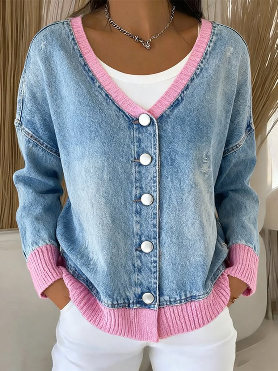 Damenmode-Patchwork-Design-Strickjacke