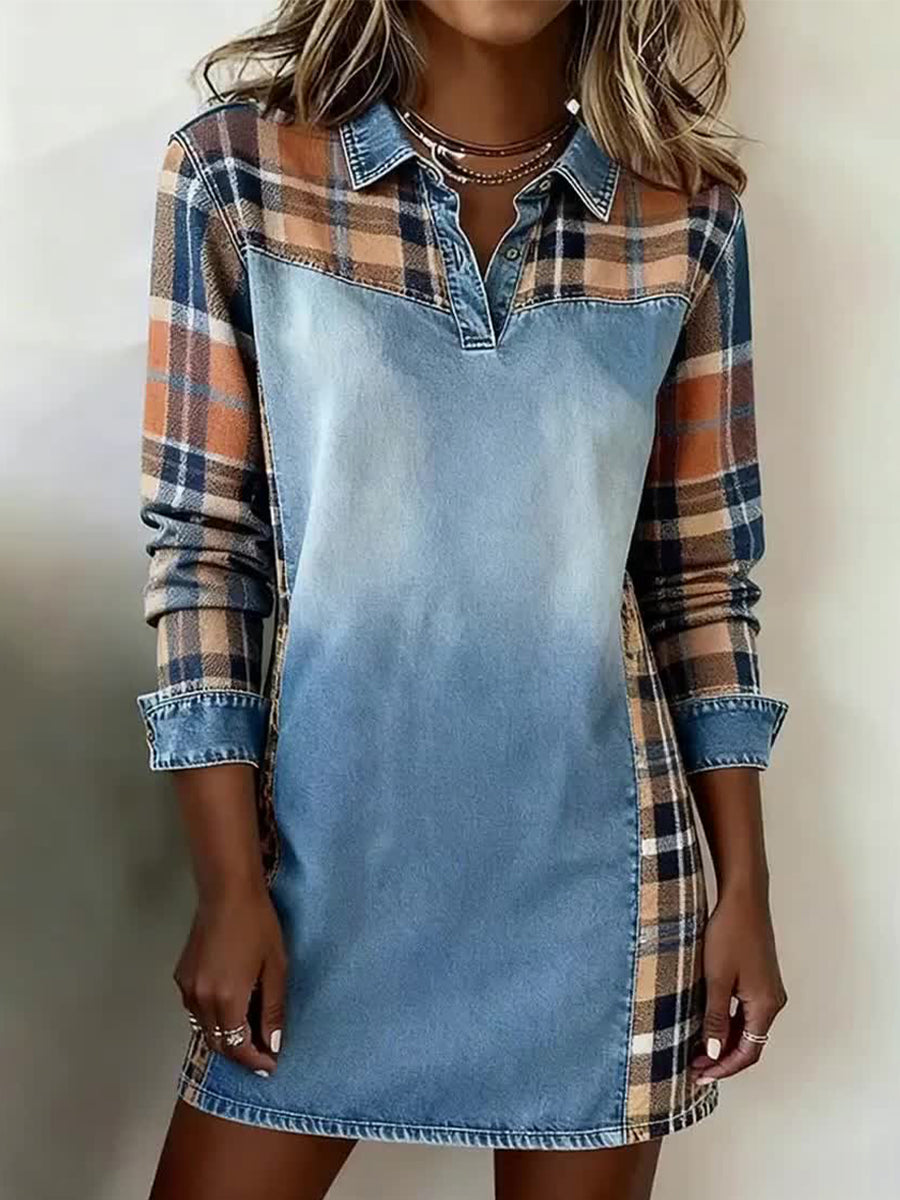 Vintage Patchwork-Kunst kleid mit Plaid druck für Damen