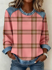 Patchwork-Kunst-Sweatshirt mit kariertem Muster für Damen