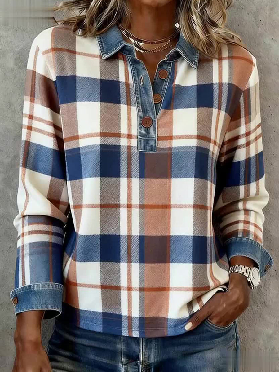 Damen Vintage Plaid Muster Patchwork Kunst Top