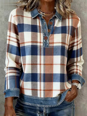 Damen Vintage Plaid Muster Patchwork Kunst Top