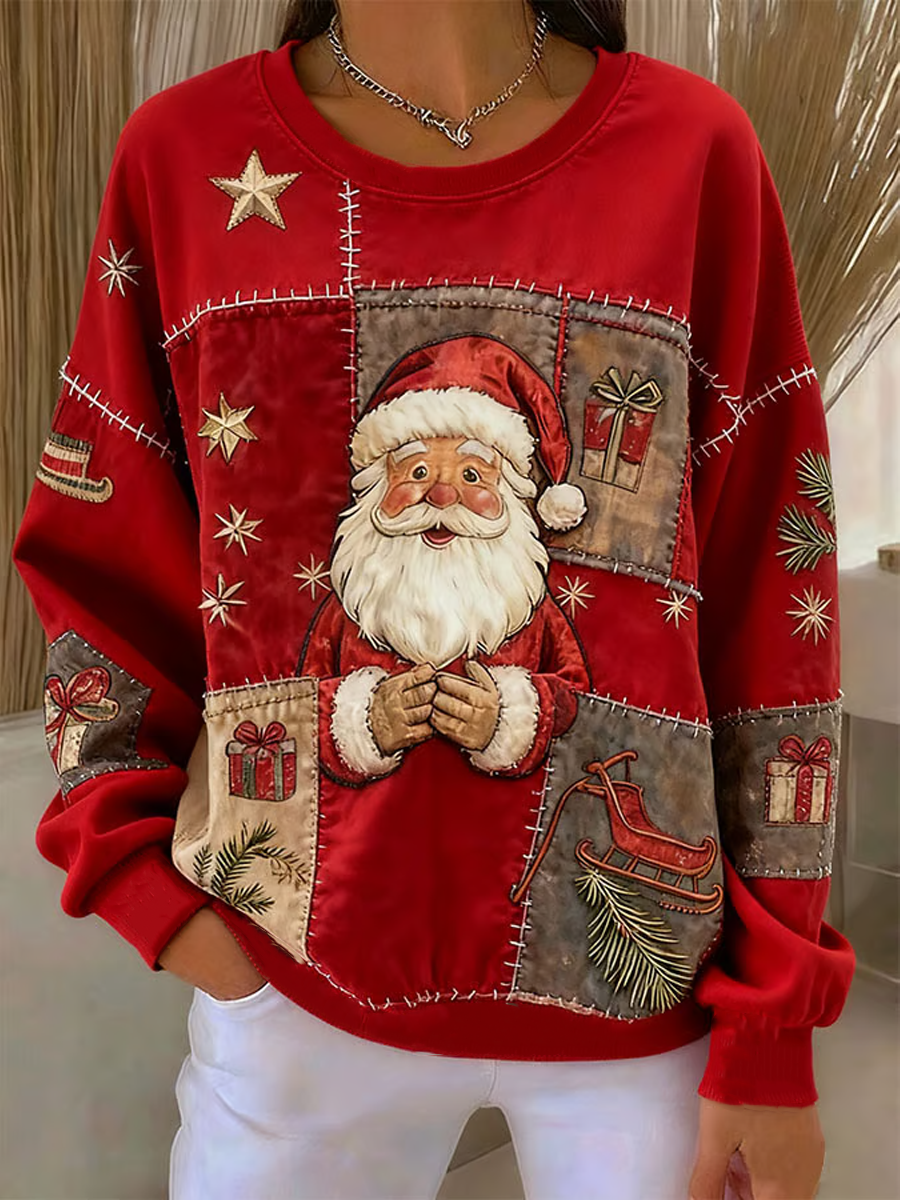 Frauen Santa Claus Patchwork Print Regelmäßige Sweatshirt