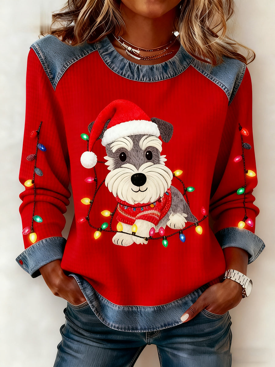 Damen Vintage Weihnachts hund Denim Patchwork Sweatshirt