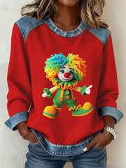 Frauen Köln Karneval Clown Denim Patchwork Crew Hals Top