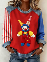 Frauen Köln Karneval Clown Denim Patchwork Crew Hals Top