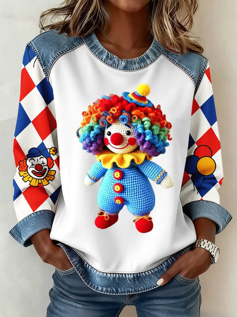 Frauen Köln Karneval Clown Denim Patchwork Crew Hals Top