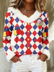 Frauen Köln Karneval Clown Faux Button 3D-Druck Pelzkragen Top