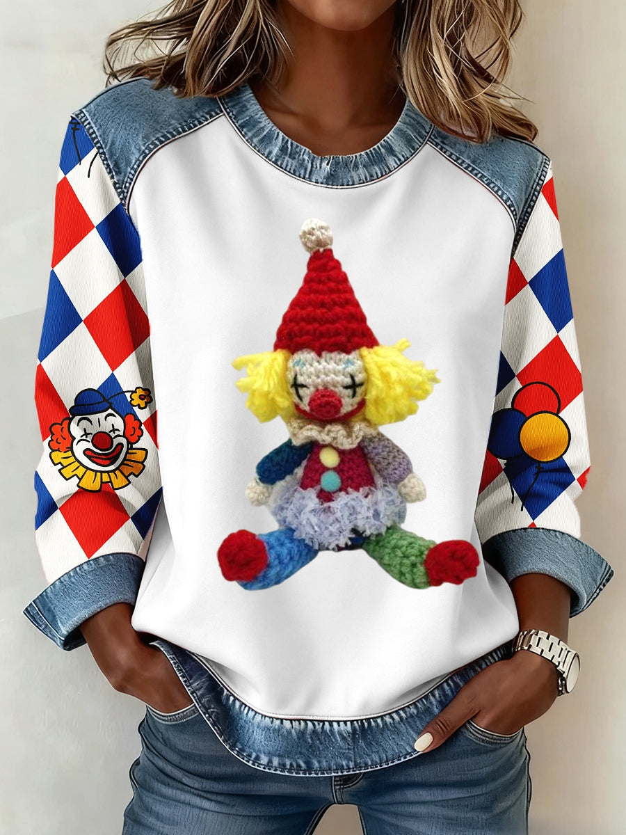 Frauen Köln Karneval Clown Denim Patchwork Crew Hals Top