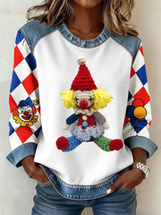Frauen Köln Karneval Clown Denim Patchwork Crew Hals Top