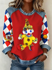 Frauen Köln Karneval Clown Denim Patchwork Crew Hals Top