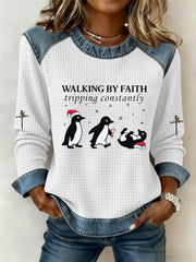 Frauen lustige Weihnachten Walking By Faith Tripping ständig Druck Casual Waffel Hoodie