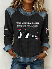 Frauen lustige Weihnachten Walking By Faith Tripping ständig Druck Casual Waffel Hoodie