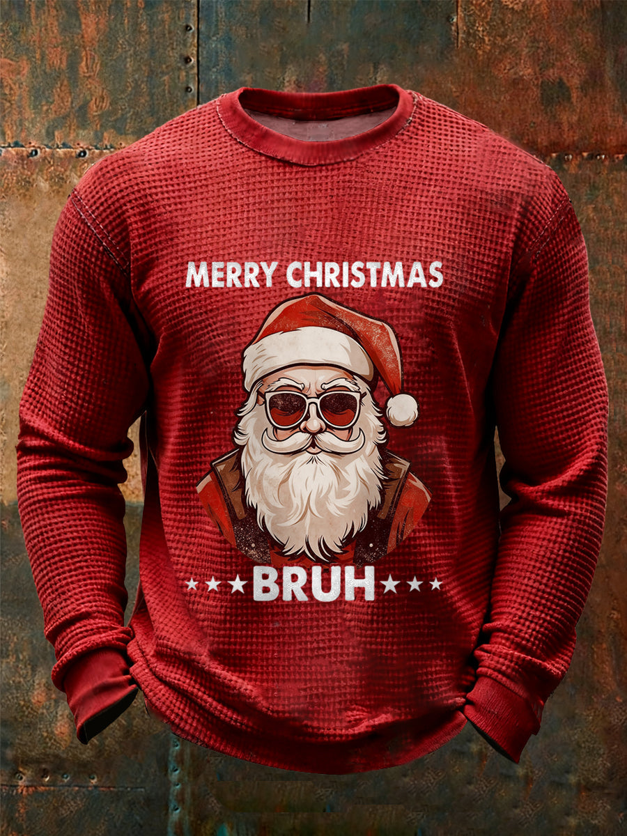 Herren Lustige Frohe Weihnachten Bruh Weihnachtsmann-Druck Lässiges Waffel-Langarm-Top