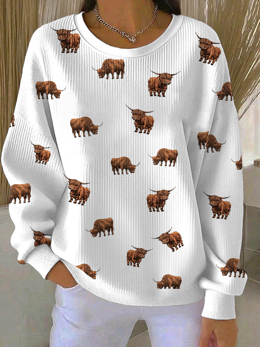 Women's Highland Cow Ribbed Round-Neck Sweatshirt