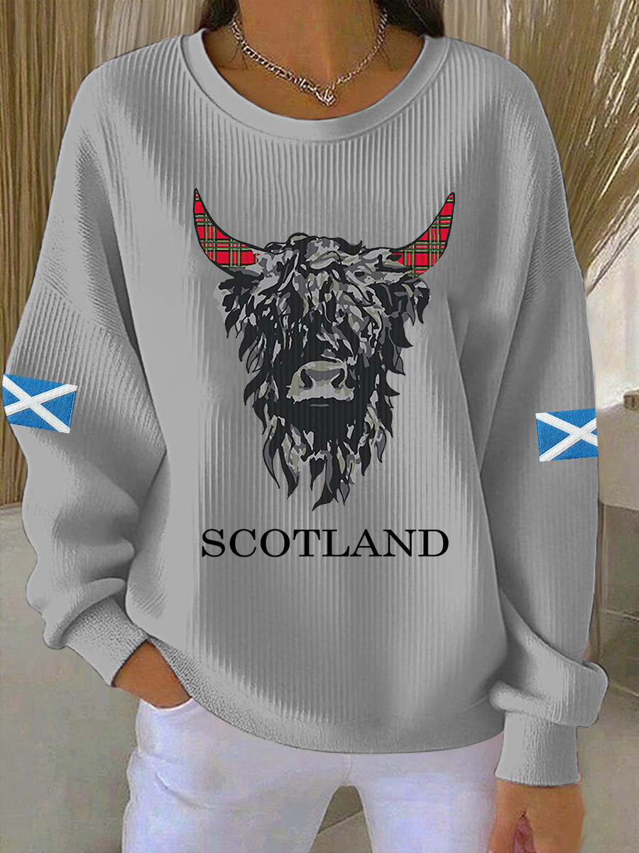 Women's Scotland Highland Cow Ribbed Round-Neck Sweatshirt