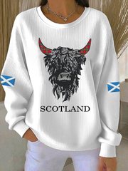 Women's Scotland Highland Cow Ribbed Round-Neck Sweatshirt