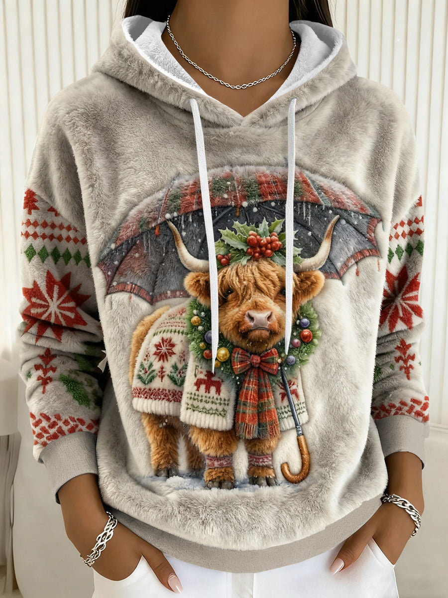 Women's Christmas Highland Cow Flannel Hoodie