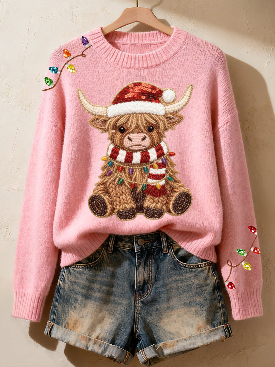 Women's Faux Yarn Christmas Highland Cow Pattern Cozy Knit Sweater