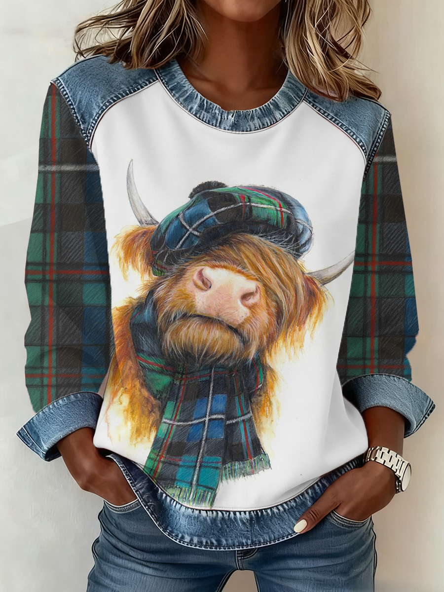 Women's Scottish Highland Cow Print Denim Patchwork Top