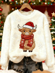 Women's Cute Christmas Highland Cow Print Casual Flannel Sweatshirt