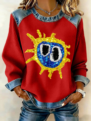 Women's Lemon Roses Music Lover Denim Patchwork Top