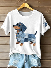 Women's Denim Patchwork Art Dachshund Pattern T-Shirt