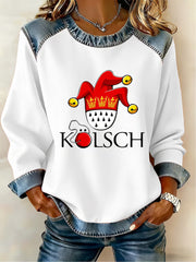 Damen-Kölner Karneval bedrucktes Jeans-Patchwork-Top