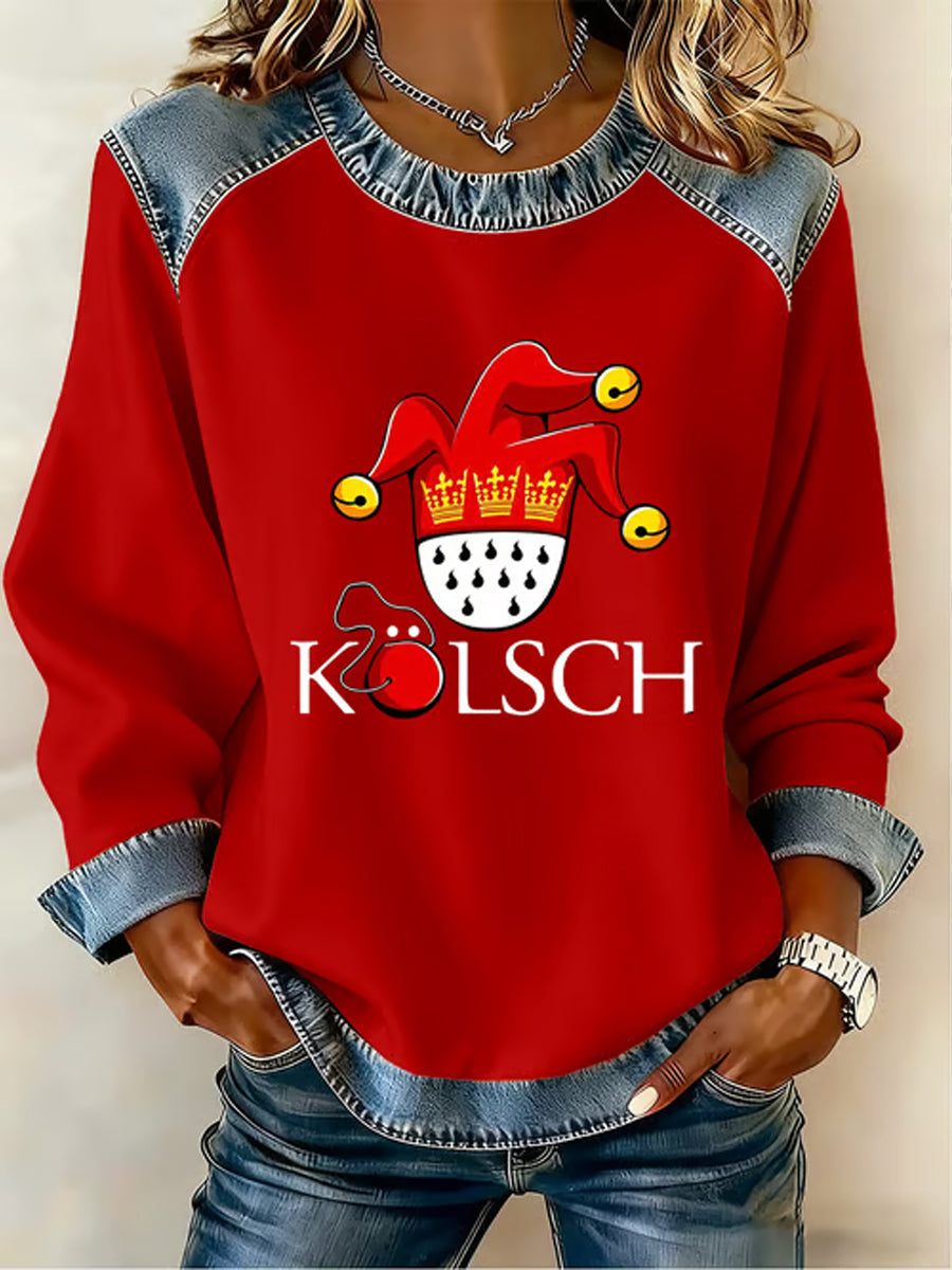 Damen-Kölner Karneval bedrucktes Jeans-Patchwork-Top