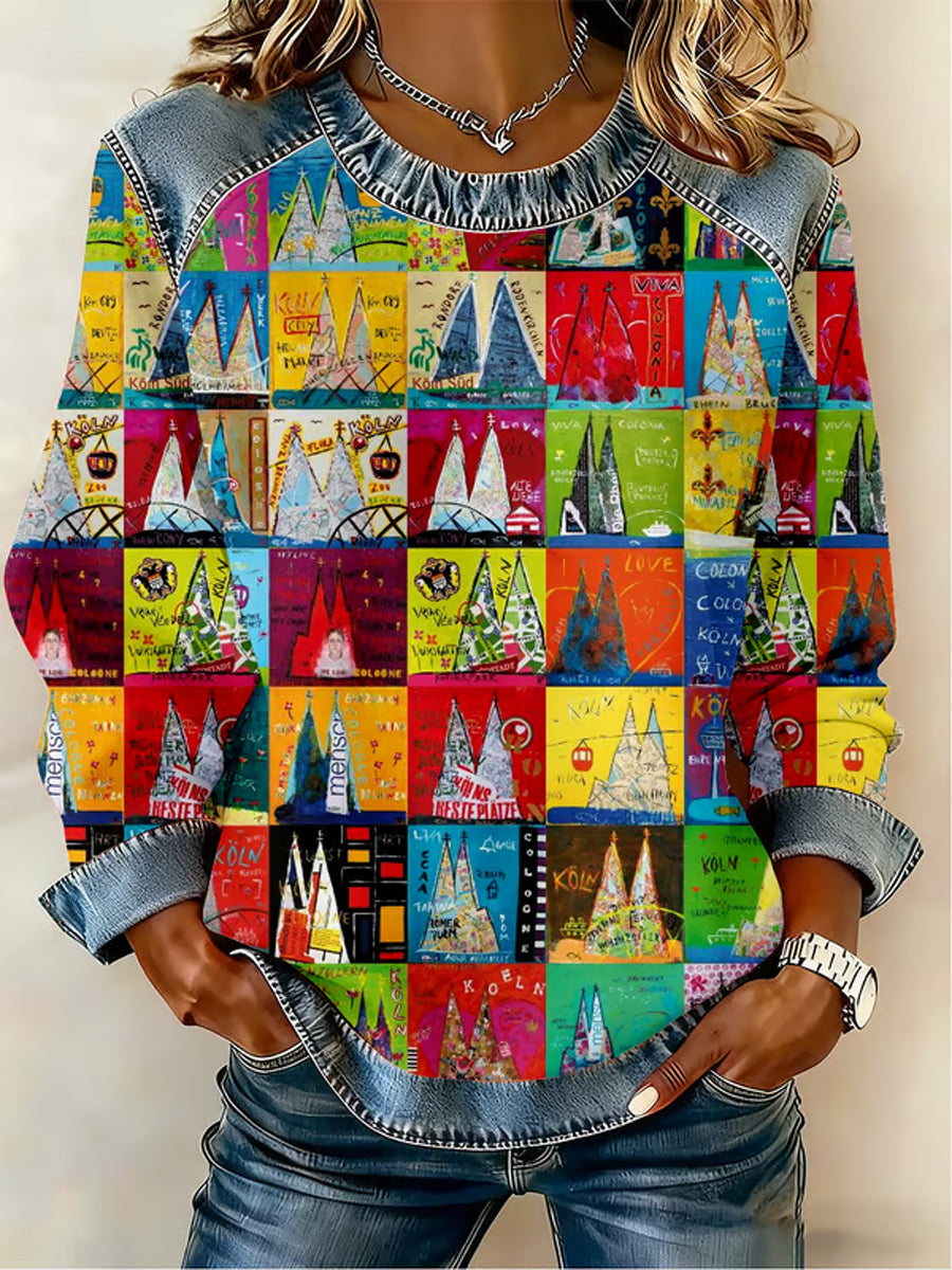 Damen-Kölner Karneval bedrucktes Jeans-Patchwork-Top