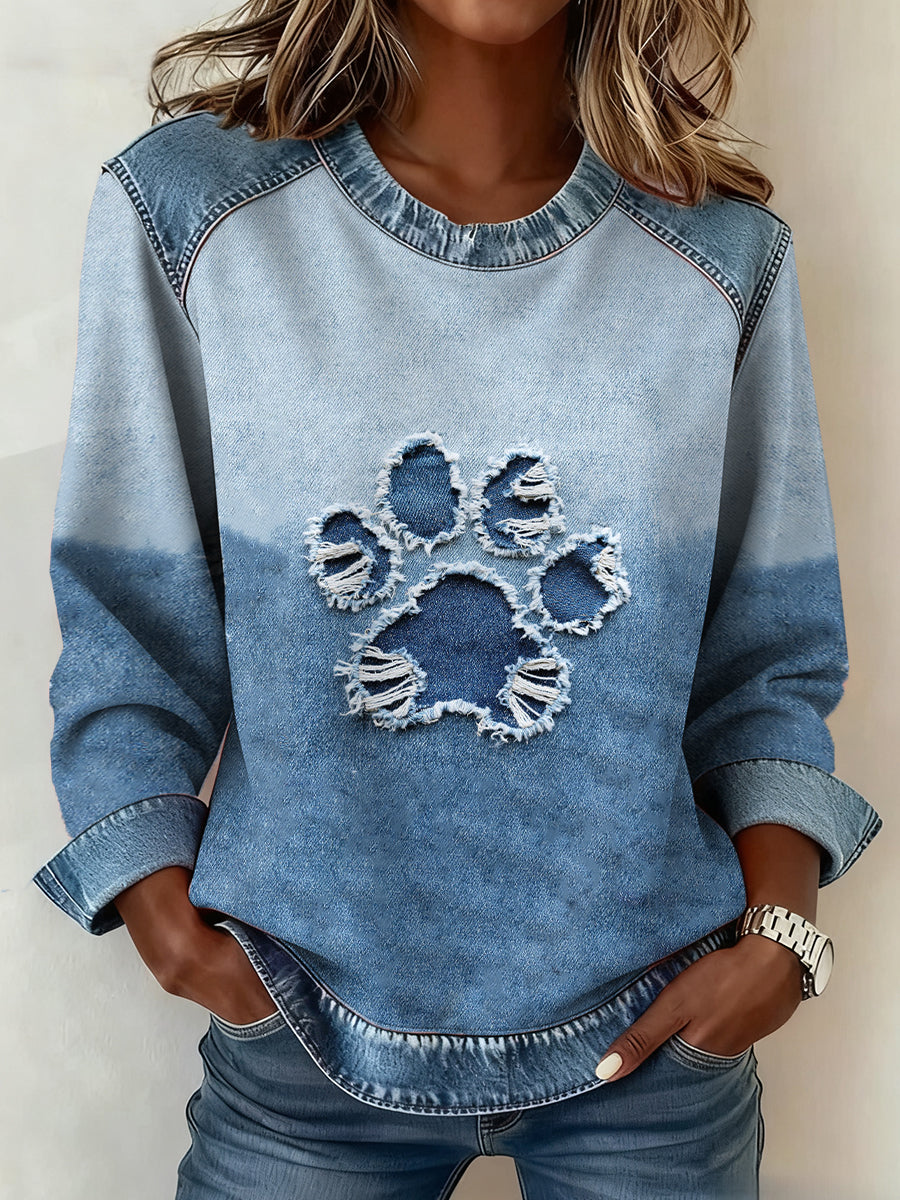 Women's Dog Paw Denim Crewneck Sweatshirt