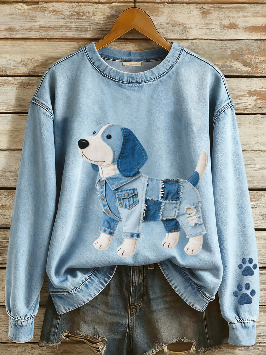 Women's Denim Patchwork Art Beagle Dog Pattern Sweatshirt