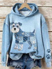 Women's Denim Patchwork Art Schnauzer Dog Pattern Hoodie