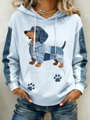 Women's Lovely Dachshund Pattern Denim Patchwork Art Hoodie