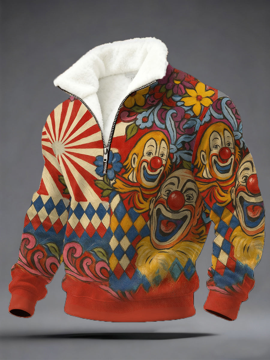 Clown-Print-Plüsch-Reiß verschluss pullover für Herren im Kölner Karneval