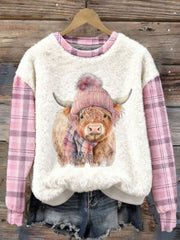 Women's Cute Highland Cow Plaid Print Casual Flannel Sweatshirt