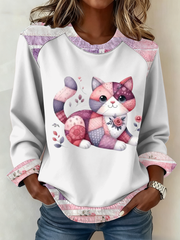 Damen-Patchwork-Top mit süßem Katzen druck