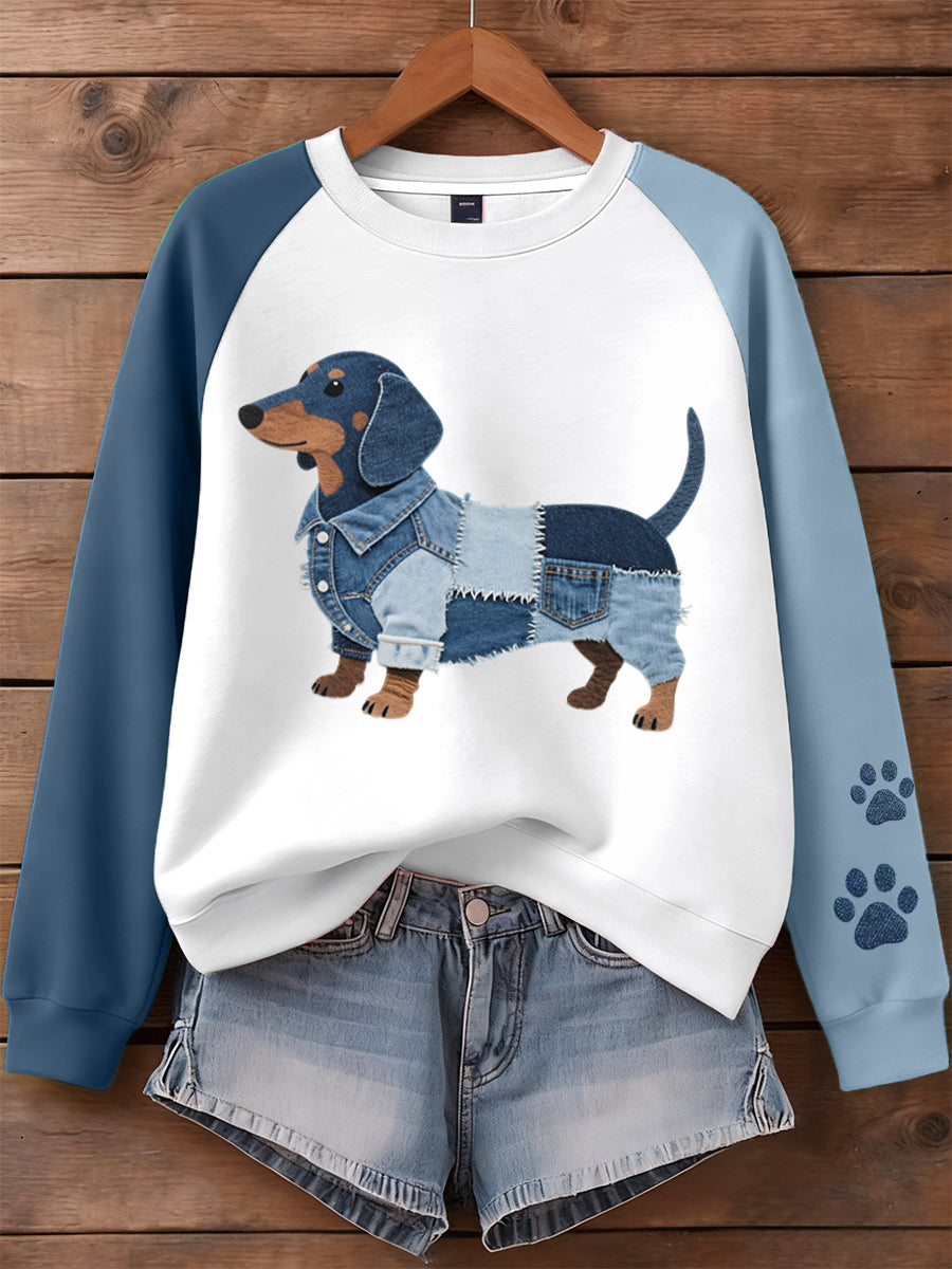Damen Denim Patchwork Kunst Dackel Hunde muster Sweatshirt