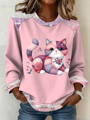 Damen-Patchwork-Top mit süßem Katzen druck