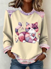 Damen-Patchwork-Top mit süßem Katzen druck