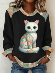 Damen-Patchwork-Top mit süßem Katzen druck