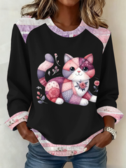 Damen-Patchwork-Top mit süßem Katzen druck