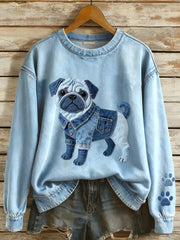 Damen-Pug-Hunde-Denim-Patchwork-Muster-Sweatshirt