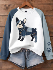 Damen Denim Patchwork Kunst Französische Bulldogge Muster Sweatshirt