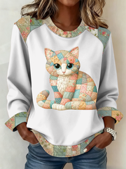Damen-Patchwork-Top mit süßem Katzen druck