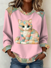 Damen-Patchwork-Top mit süßem Katzen druck