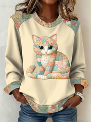 Damen-Patchwork-Top mit süßem Katzen druck