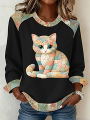 Damen-Patchwork-Top mit süßem Katzen druck