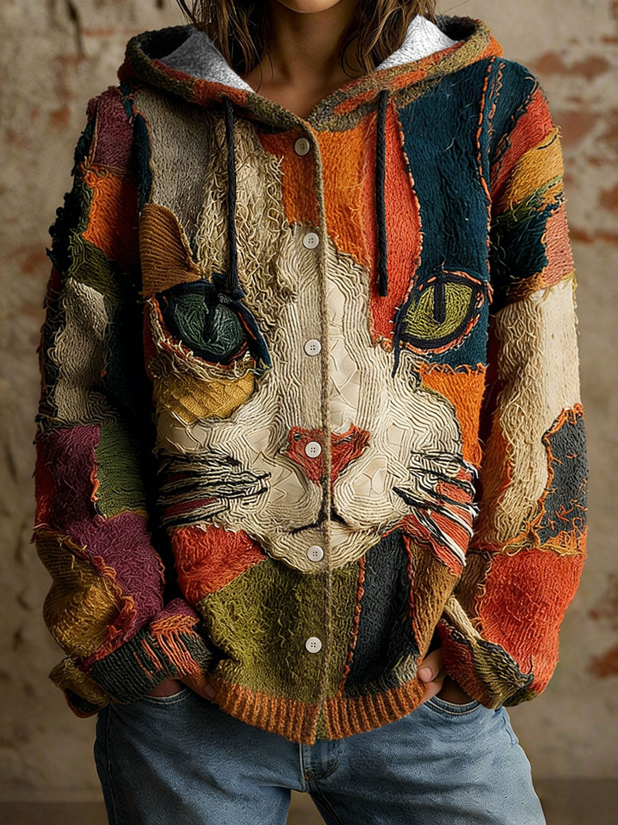 Damen-Katzen-Strickjacken mit geometrischem Kunstdruck
