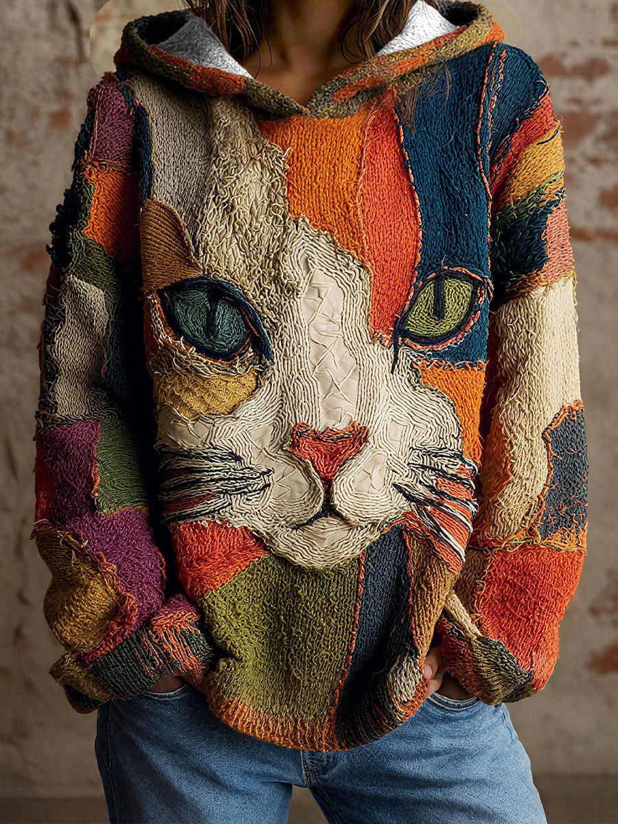 Katzen-Kapuzen pullover mit geometrischem Kunstdruck für Frauen